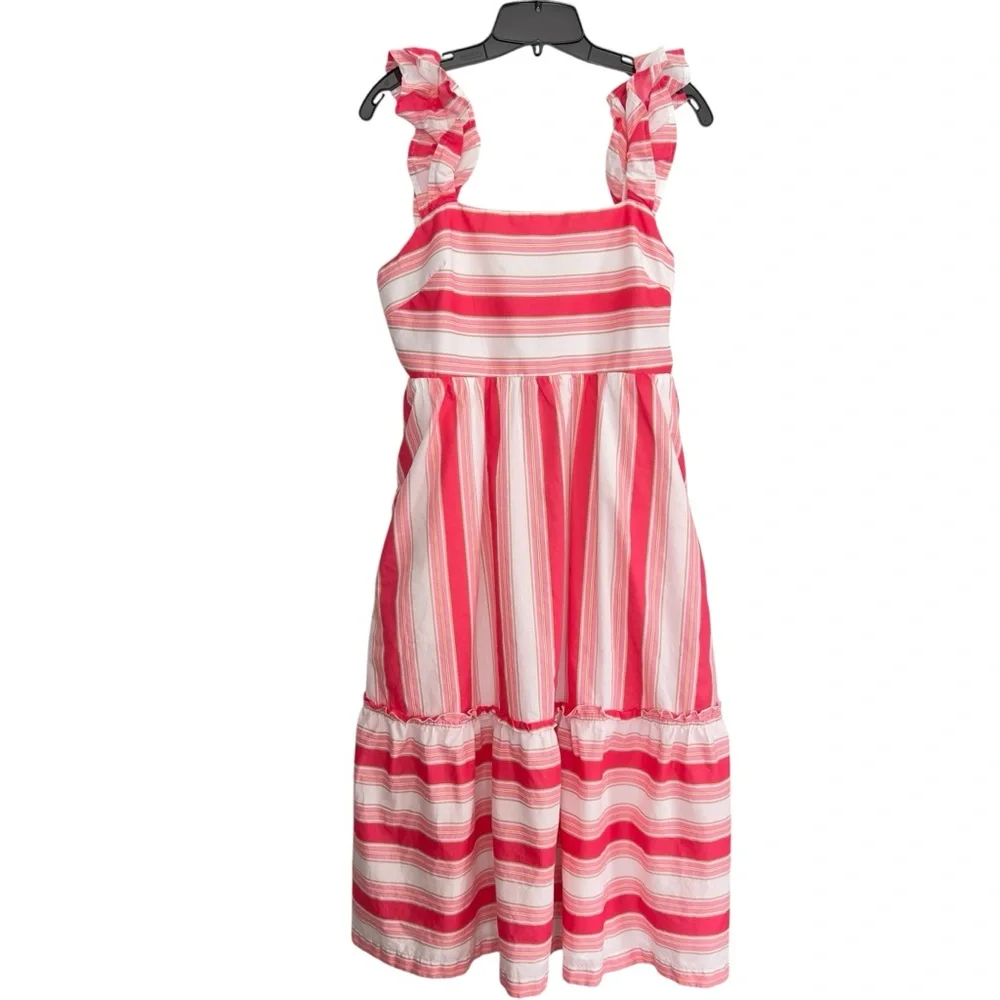 J. Crew Factory Pink White Striped Ruffle Feminine Midi Dress Women’s 12 Petite - Picture 1 of 13